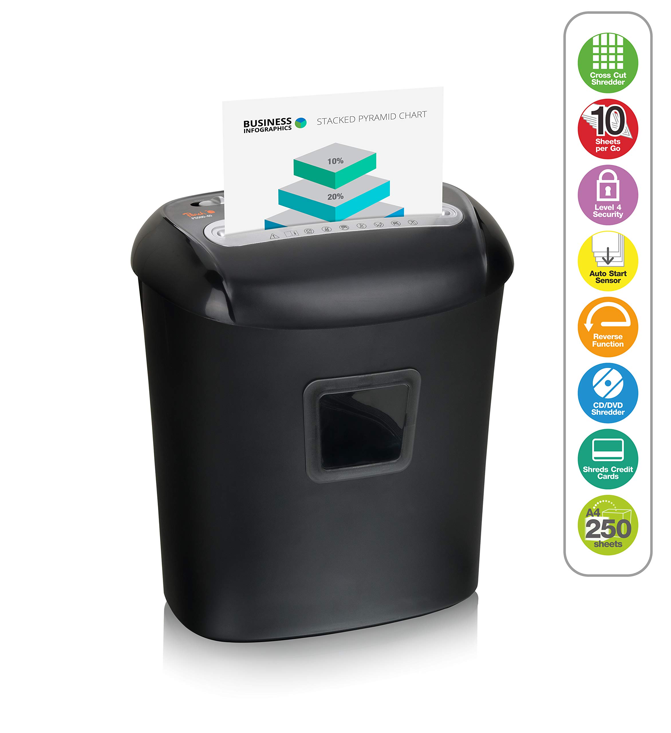 Peach PS500-40 - Distruggidocumenti a sezione particelle, 10 fogli, 21 litri, 5 x 16 mm particelle (P-4), carta, CD, carte di credito, partner efficiente, GDPR 2018, livello di sicurezza 4