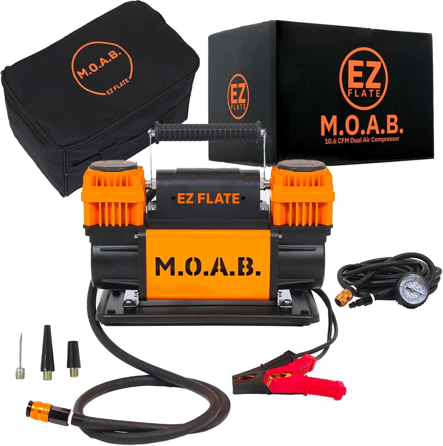 EZ FLATE M.O.A.B. 10.6 CFM PORTABLE 12V DUAL CYLINDER AIR COMPRESSOR | AIR HOSE | HEAVY DUTY (M.O.A.B.)