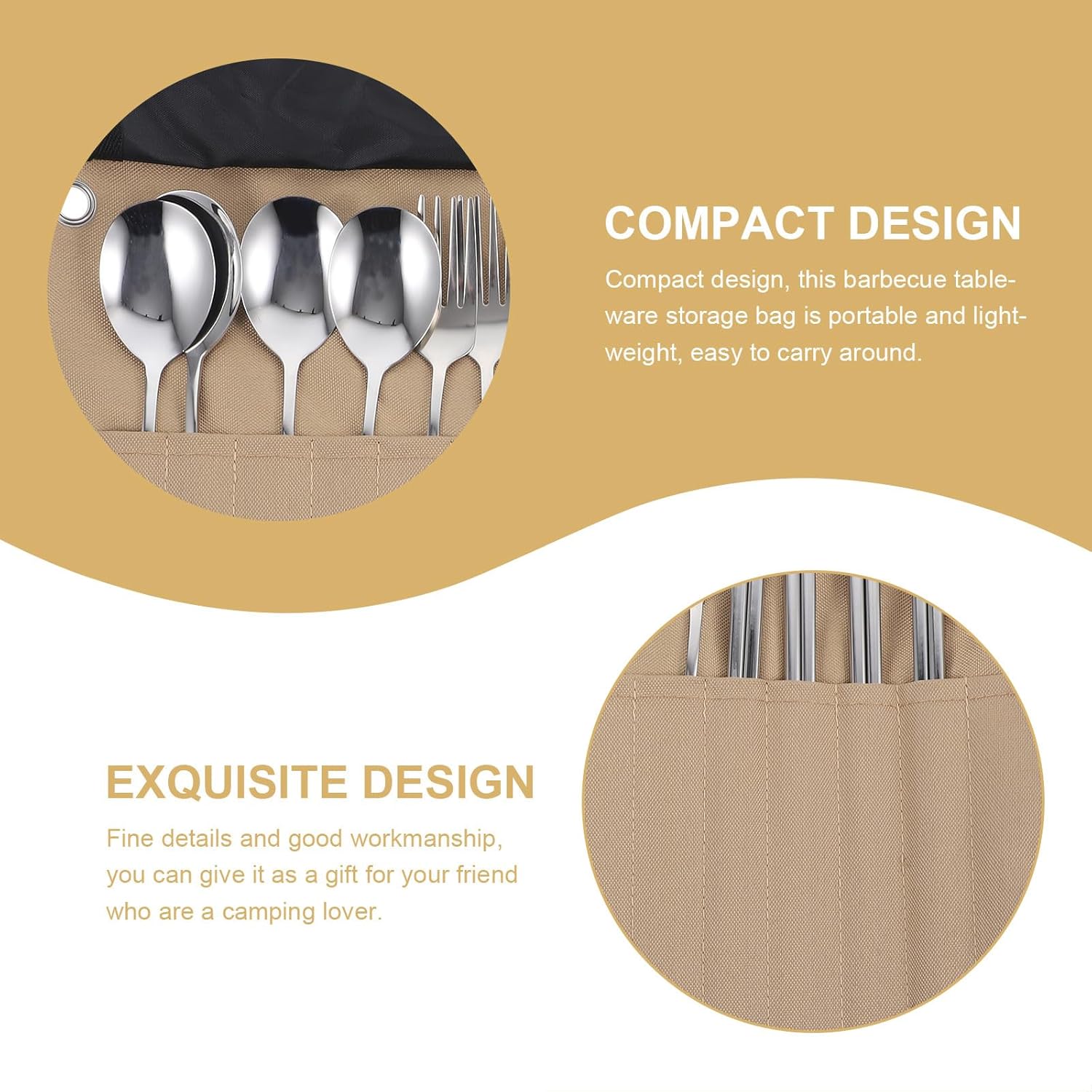 Camping Tableware with Storage Bag Portable Outdoor Cutlery Kit Including Fork Spoon Chopsticks Compact Lightweight Flatware Organizer for Hiking Picnic Bbq Travel in Khaki