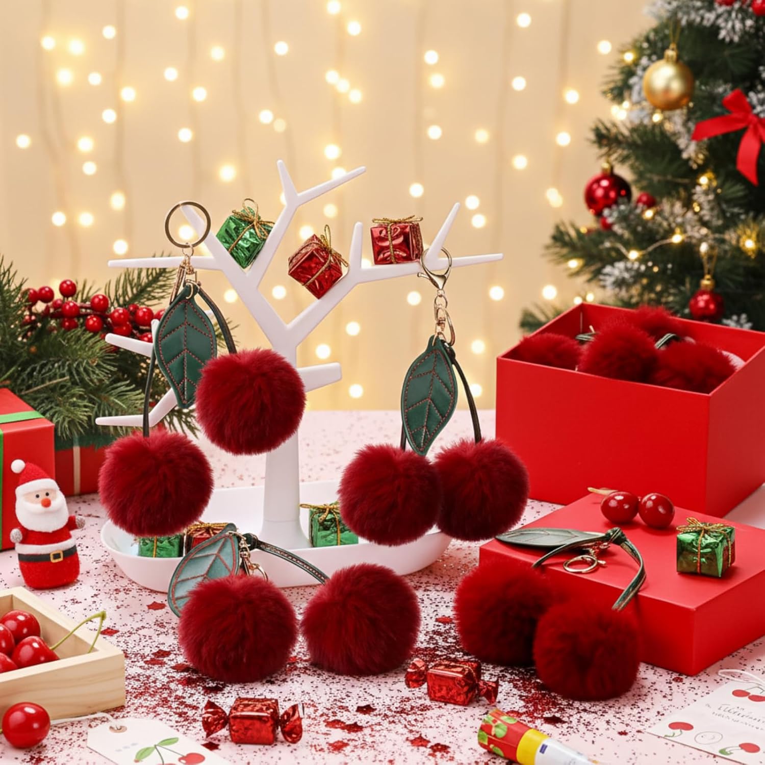 Nosiny 6 Pieces Cherry Pom Pom Keychain Valentines Day Gifts Plush Fluffy Cherry Bag Purse Charms Keychain Spring for Women Bag Accessories Handbags Pendant - Image 3