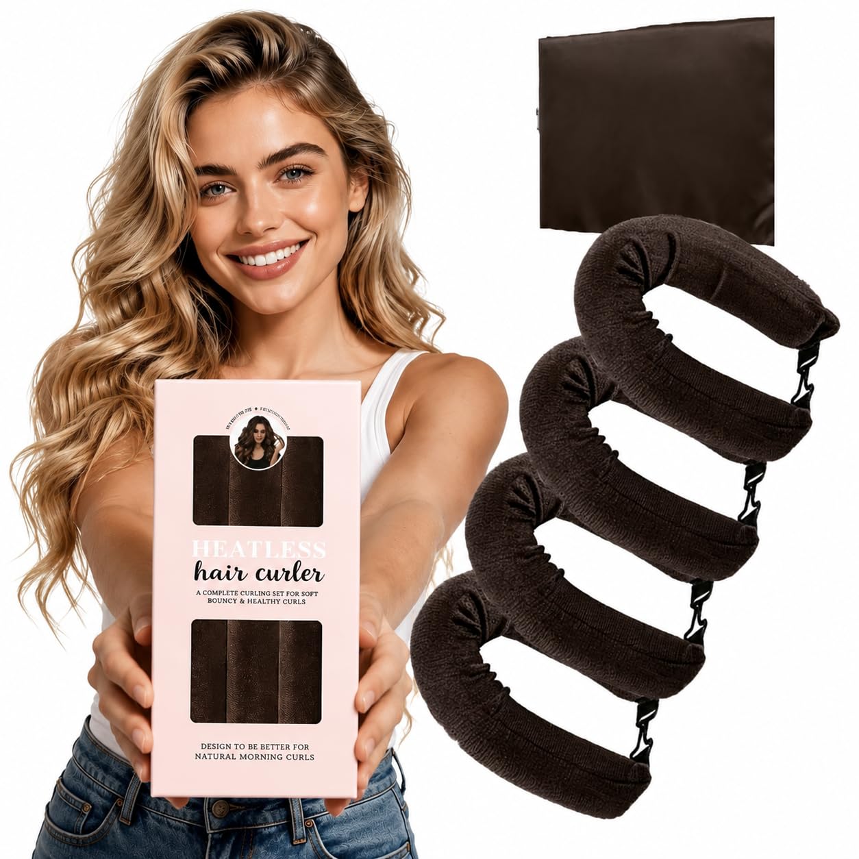 5pcs Heatless Curls Overnight, Satin Scarf Heatless Hair Curler Set with Hook Closure – 4 Soft Hair Rollers Blowout Rods + satin silk scarf for Sleeping, Flexi Rods