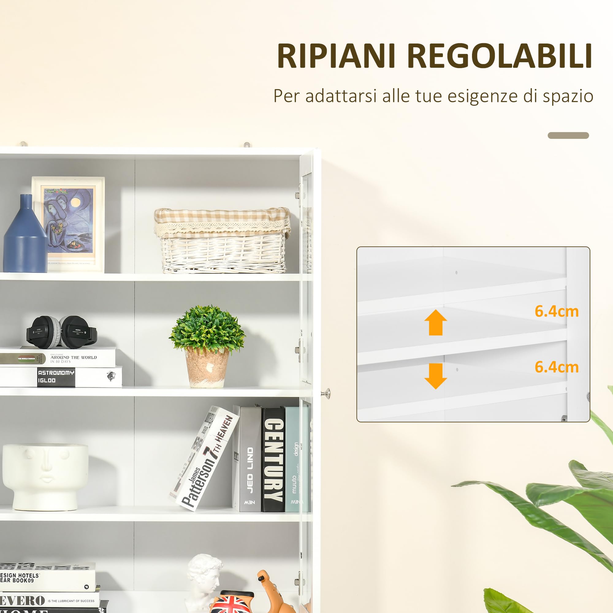 HOMCOM Mobile Libreria con Ante in Vetro Temperato 76x40x178.5 cm Bianco
