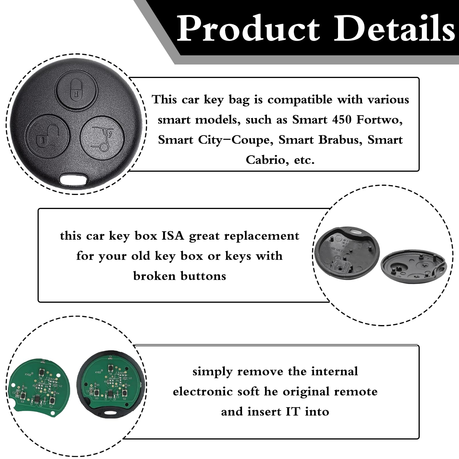 2St&uuml;ck 3Tasten Chiave Alloggiamento Per Smart Fortwo MC01 450