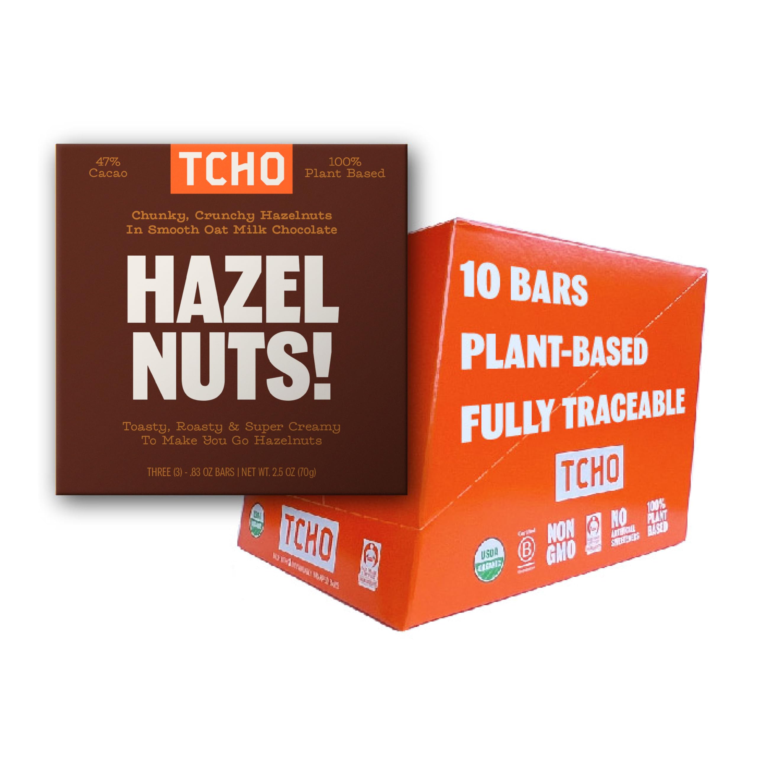 TCHOOrganic Hazel Nuts Milk Chocolate Bars - Vegan, Non-GMO Treat w/Toasted Hazelnuts - 100% Plant-Based, No Artificial Ingredients, 10-Pack (2.5oz each) Perfect for Mother's Day, Christmas & more