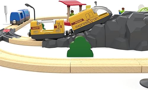 Miniatura 7 de Tren a pilas para pista de madera, juego de tren eléctrico que incluye locomotora de control remoto y túnel de tren, juguete de tren motorizado para