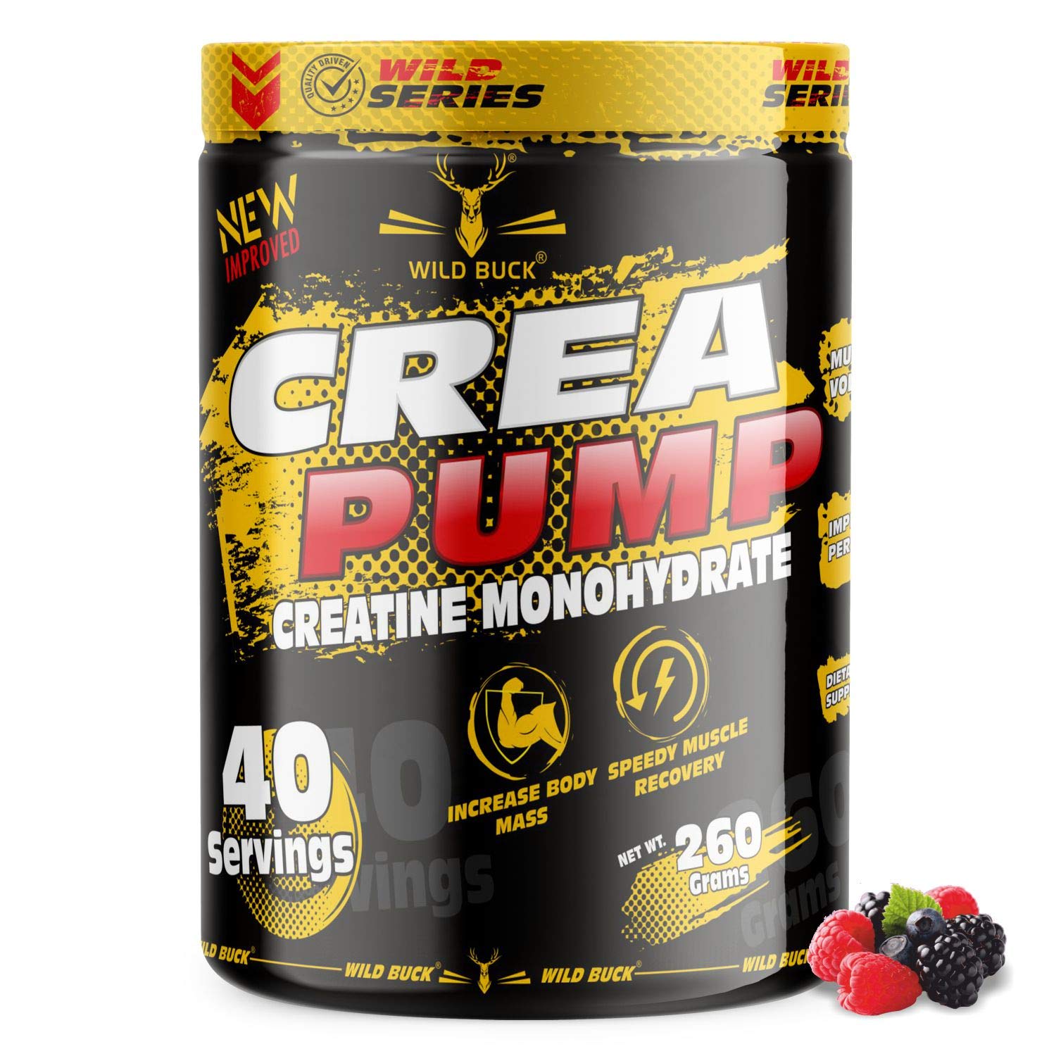 WILD BUCK Crea Pump Pure Creatine Zero Sugar Zero Carbs Zero Calories Monohydrate Powder (40 Servings, Wild Berries)