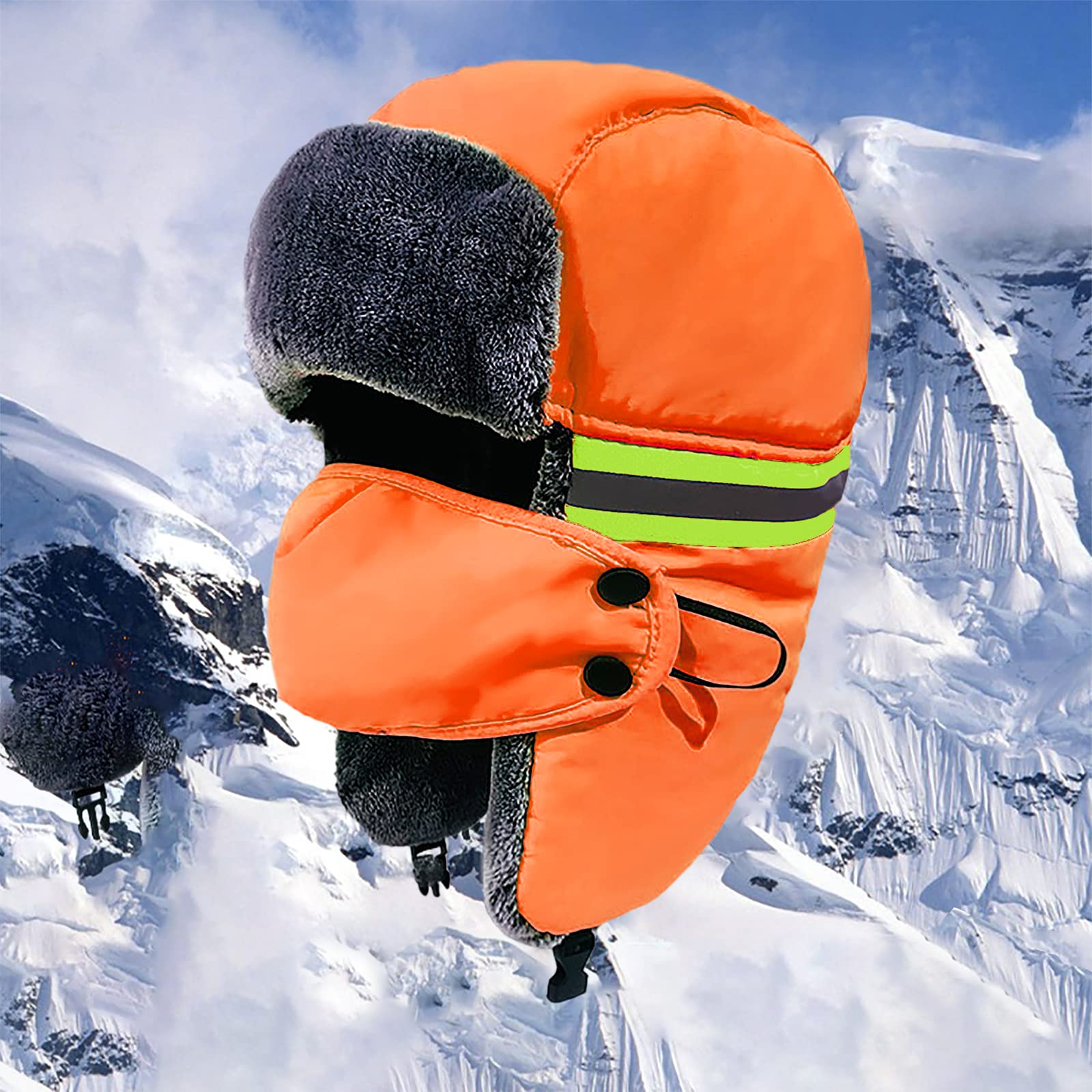 Unisex Winter Warm Trapper Hat Waterproof & Windproof & Reflective Hat 3 in 1 Faux Fur Winter Hats Removable Mask Thick Earflaps Outdoor Work Cap for Cycling Skiing Camping Hiking Riding