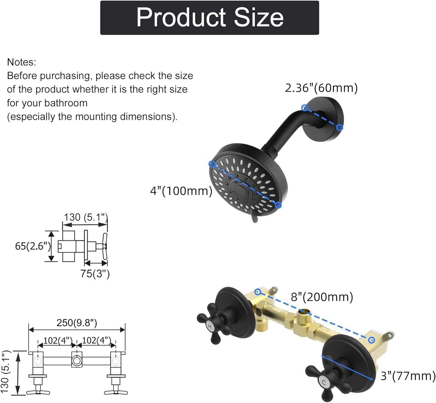2 Handle Shower Faucet and 5 Mode Shower Head, Matte Black Two Handle Shower Faucet Bathroom Shower Trim Kit with Rough-in Valve, BY2H002 - Image 5