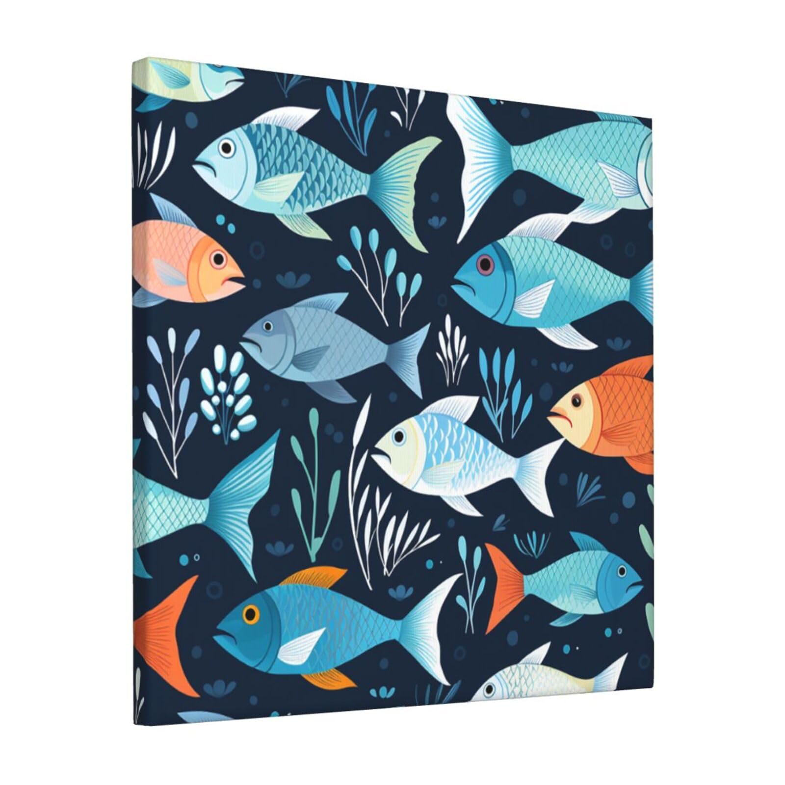 KLOPH Fishes Pattern Canvas Wall Art for Living Room 12"x12" Modern Artwork Painting for Bathroom Hanging Canvas Prints Aesthetic Wallart for Bedroom Kitchen Office Wall Decor