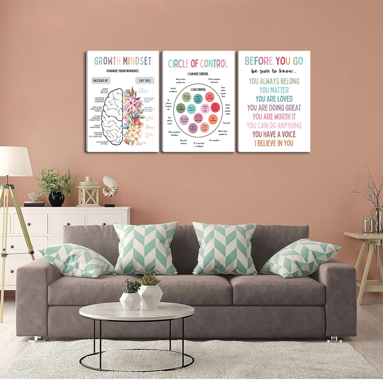 3Pcs Mental Health Wall Art Motivational Wall Decor For Therapy Office,Change Your Mindset Change Your Life Canvas Print Painting Picture for Classroom,Home,Growth Mindset Gift 12x16in Framed