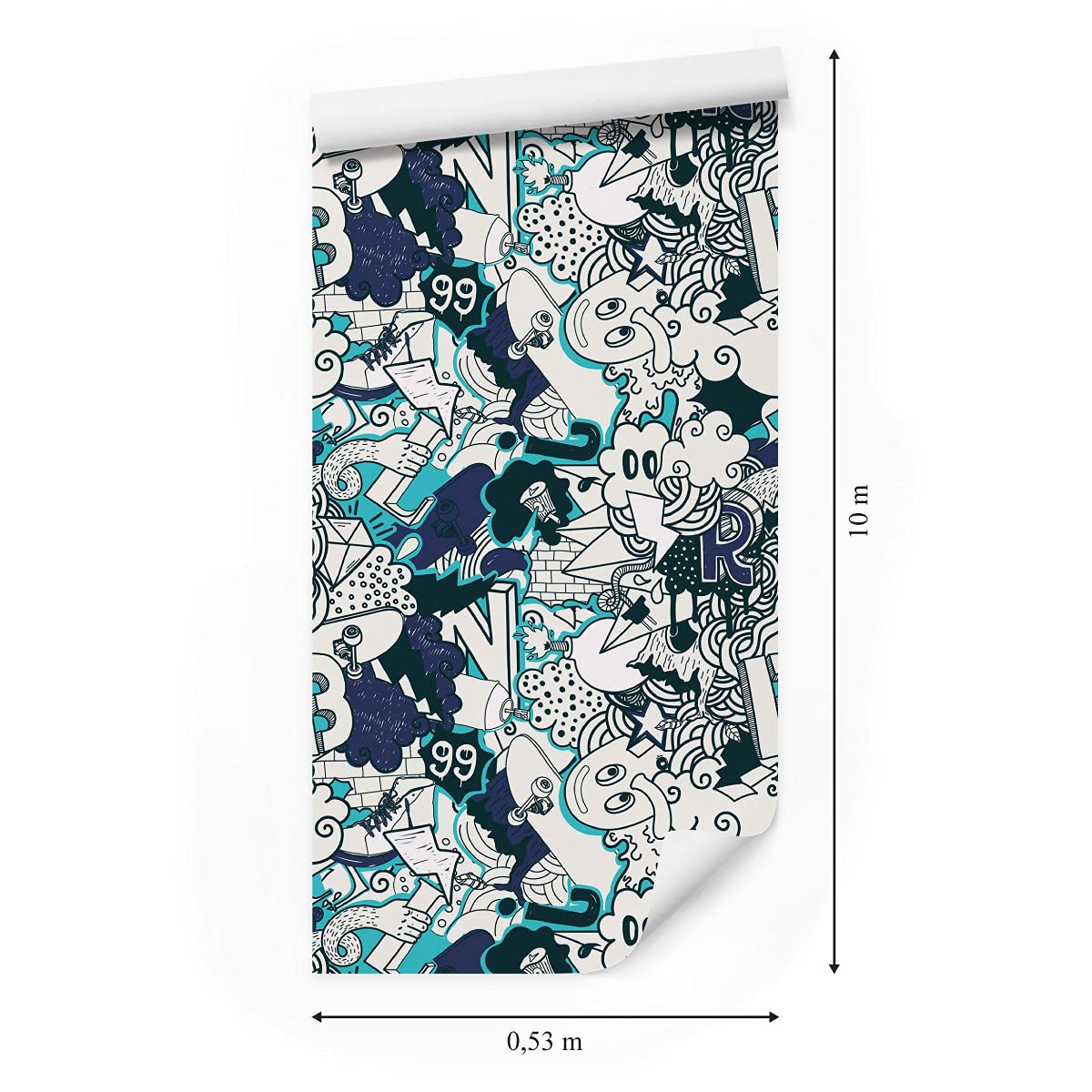 Muralo Tapeta 10 m, rolka flizeliny, graffiti, deskorolka, bomby, diamenty, wygląd kamienia, miasto tapeta z włókniny, 1000 x 53 cm, tapeta ścienna, do salonu, pokoju dziecięcego, nowoczesna dekoracja