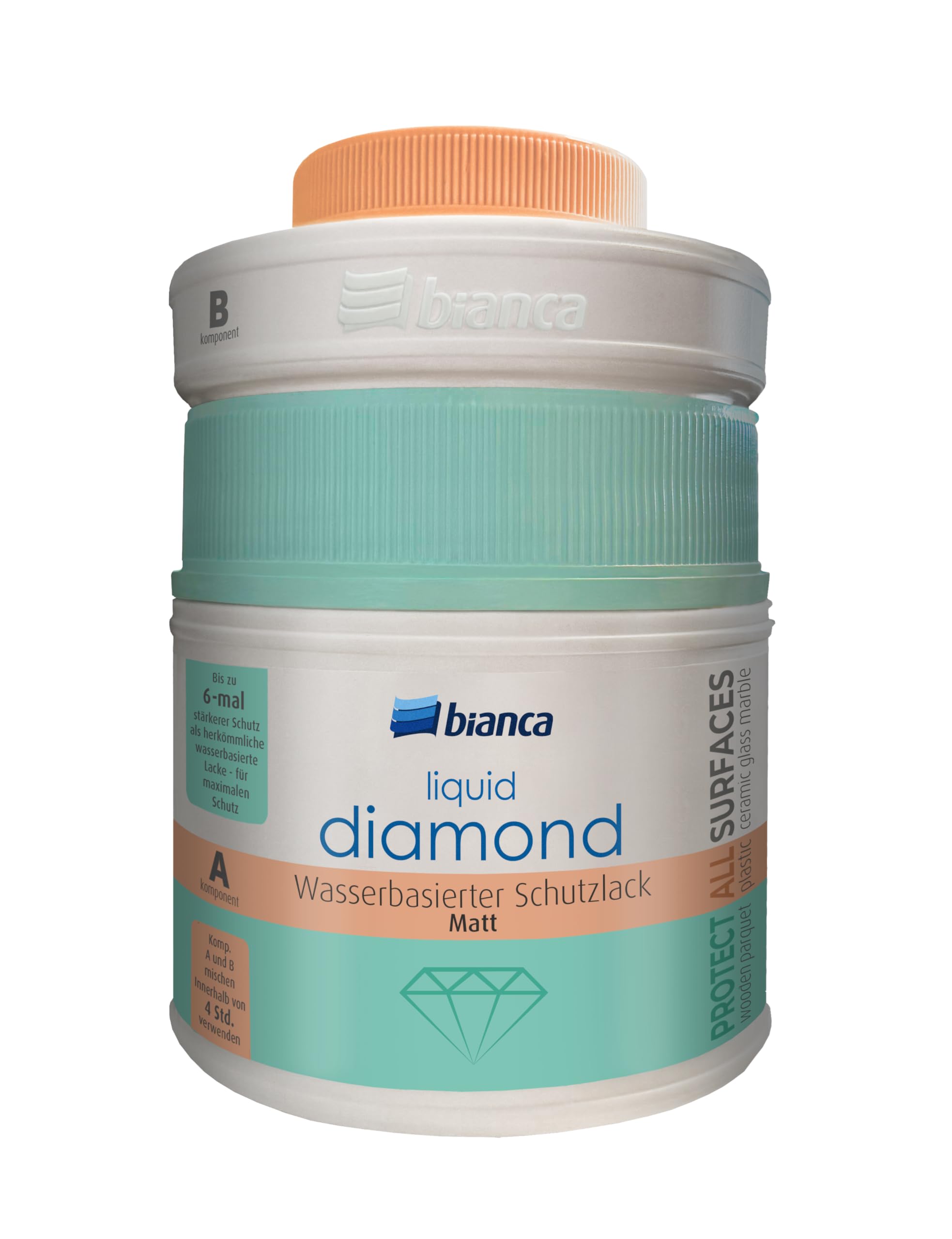 Bianca Liquid Diamond 2K Barniz a Base de Agua - 600g, 6x Más Fuerte, Mate, Sin Olor, Barniz de Dos Componentes, Sellador para Encimeras, Azulejos y Madera.