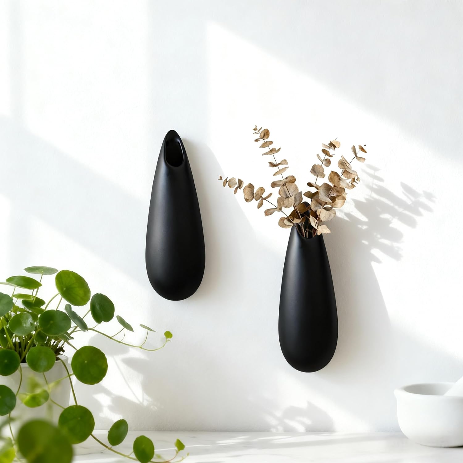 Sculptural Wall Ceramic Vase — 2 Pack Black Hanging Sconce Vase | Turn Flowers into Art — Decorative Ceramic Wall Sconce for Single Stem Displays