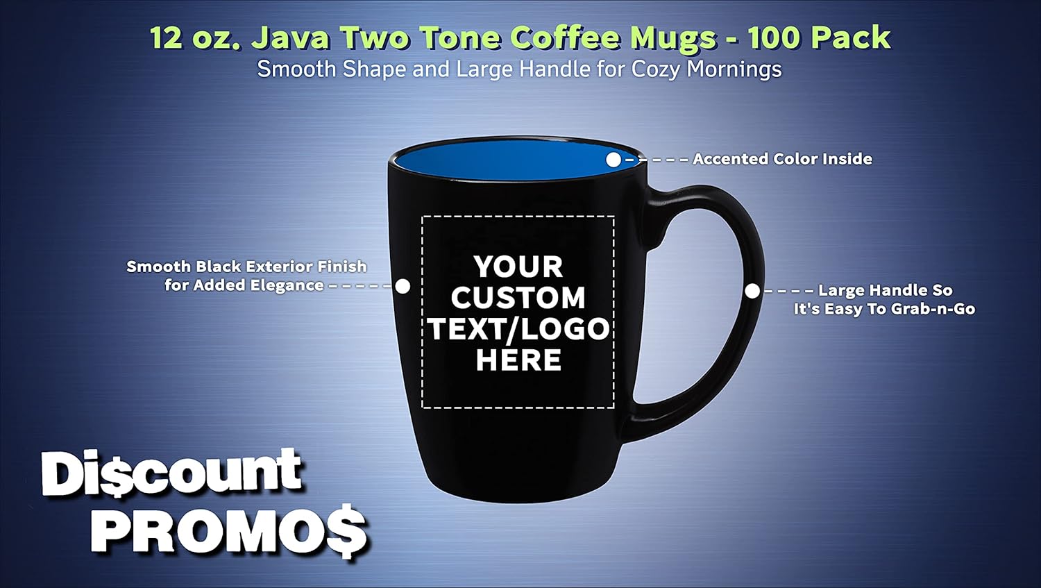 DISCOUNT PROMOS 100 Java Two Tone Coffee Mugs Set, 12 oz. - Customizable Text, Logo - Stoneware, Durable, Easy Grip - BLACKBLUE