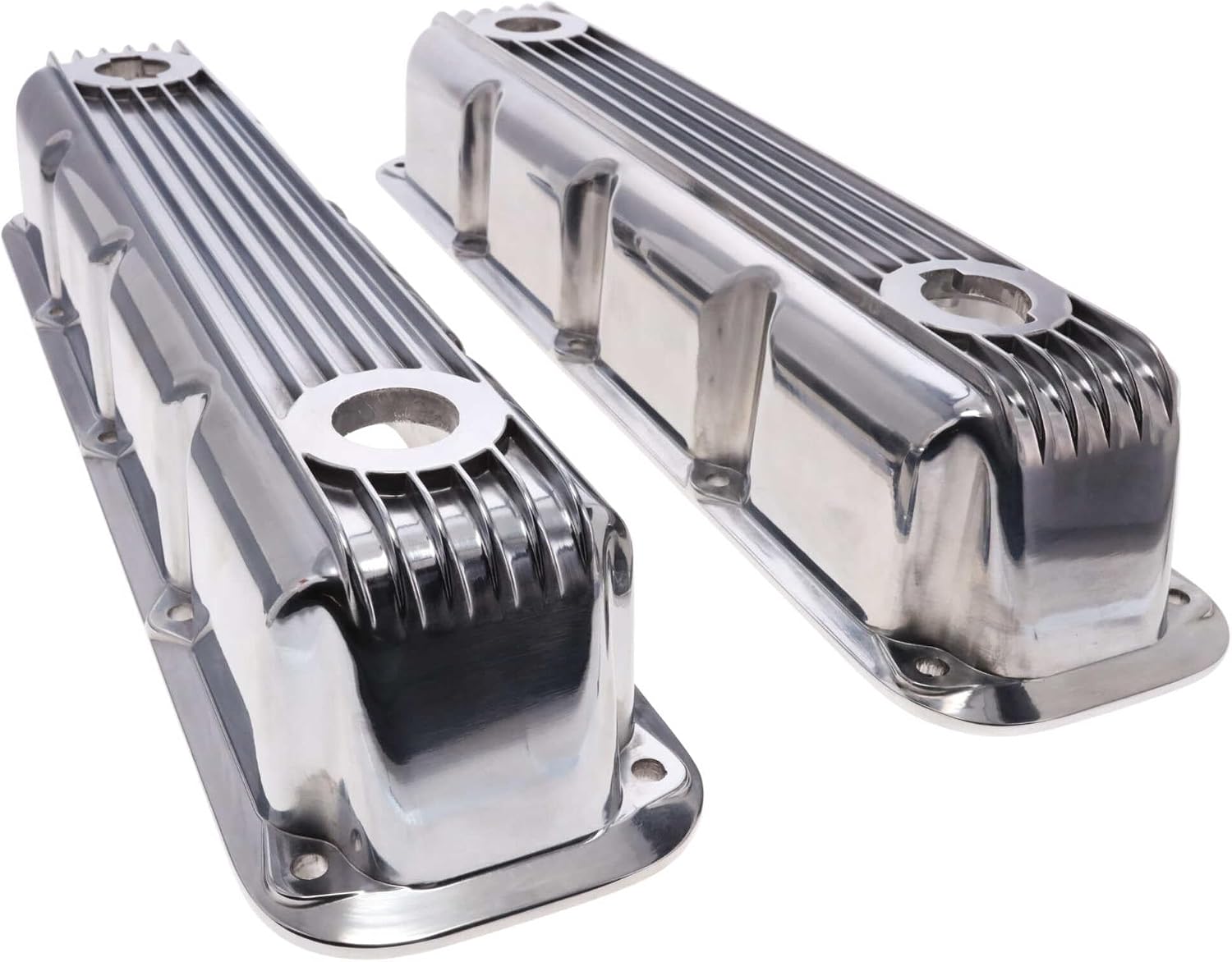 Top Street Performance Finned Aluminum Valve Covers 3 1/2" Ex. 3 1/8" In. Ht 1.25" Hole for 1992-2003 Mopar Chrysler Small Block V8 - Polished