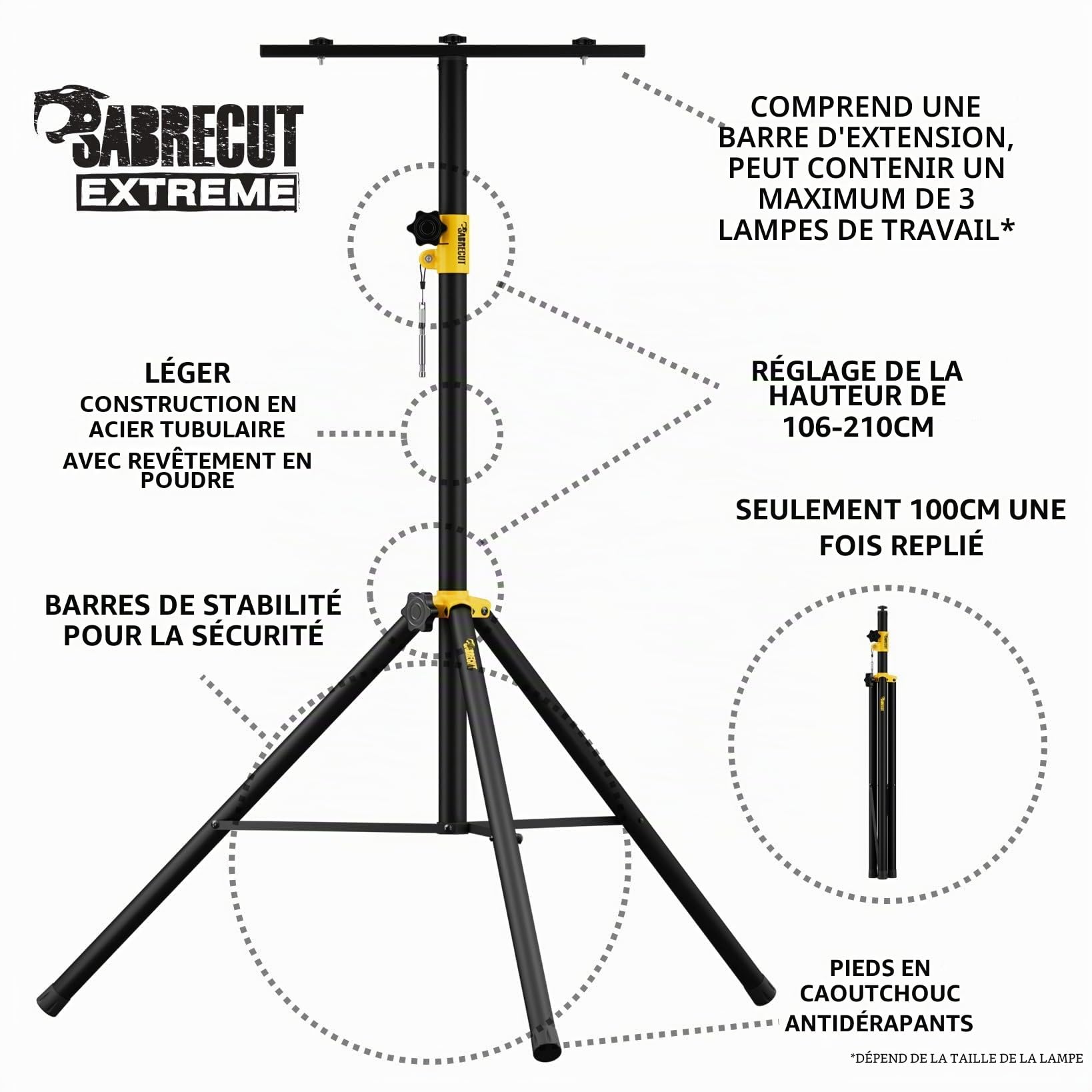 SabreCut SCLEDTRIPB Trépied télescopique extra haut à hauteur variable de 2,1 m pour lampe de travail projecteur de site équipement de sonorisation