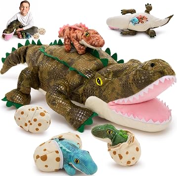 MorisMos Giant Crocodile Plush Toy 60 cm, 7Pcs Alligator Stuffed Animal Family Set with 3 Baby Crocodiles and 3 Eggs, Lifelike Cuddly Soft Toy Gift for Kids Birthday Party Decor