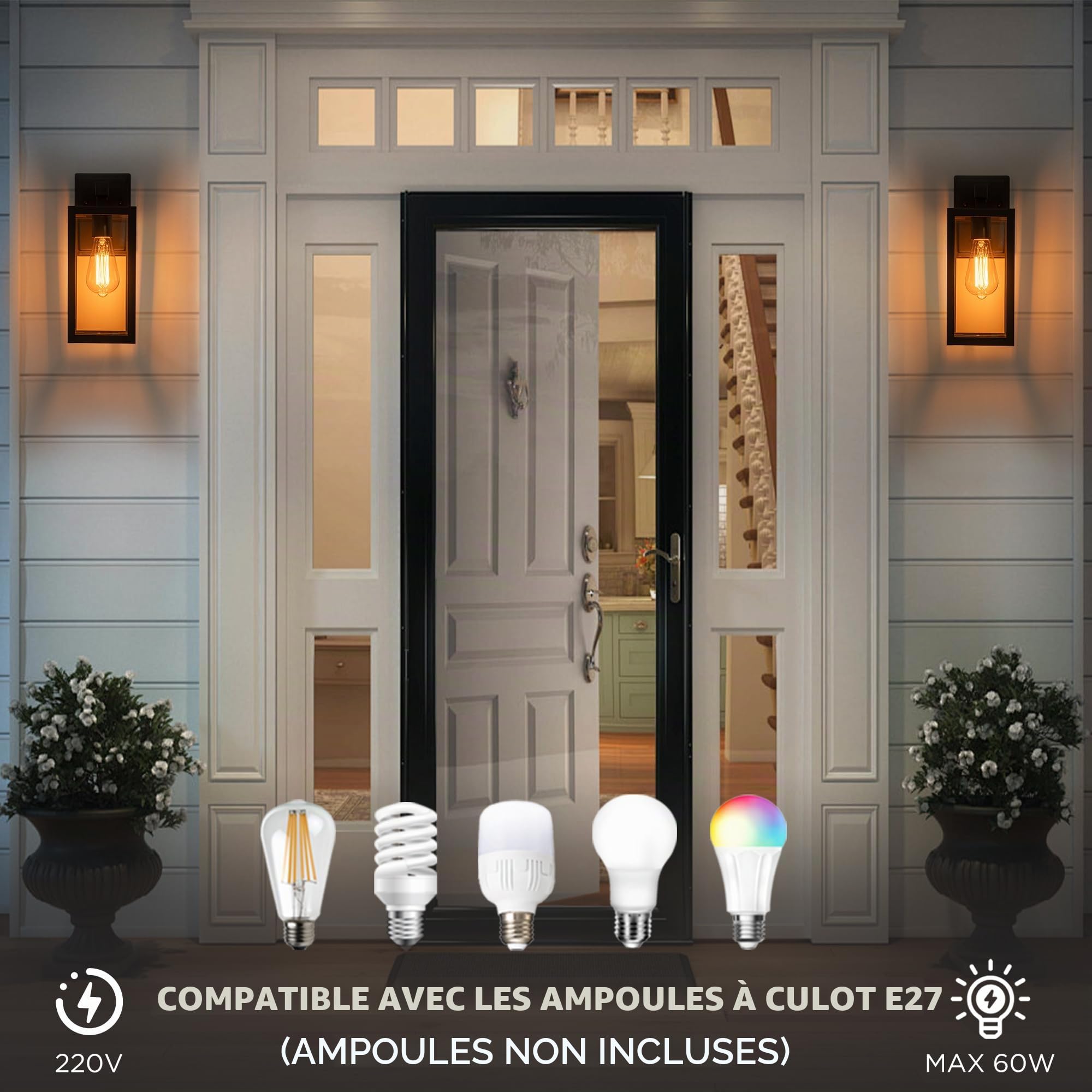 FTL Applique Murale Exterieur, Noir Mat Luminaire Lanterne Exterieur avec Abat Jour en Verre Transparen, Max 60W Porche Lampe Exterieur Murale E27, IP44 Étanche Éclairage Mural d'Extérieur, 2 Stück