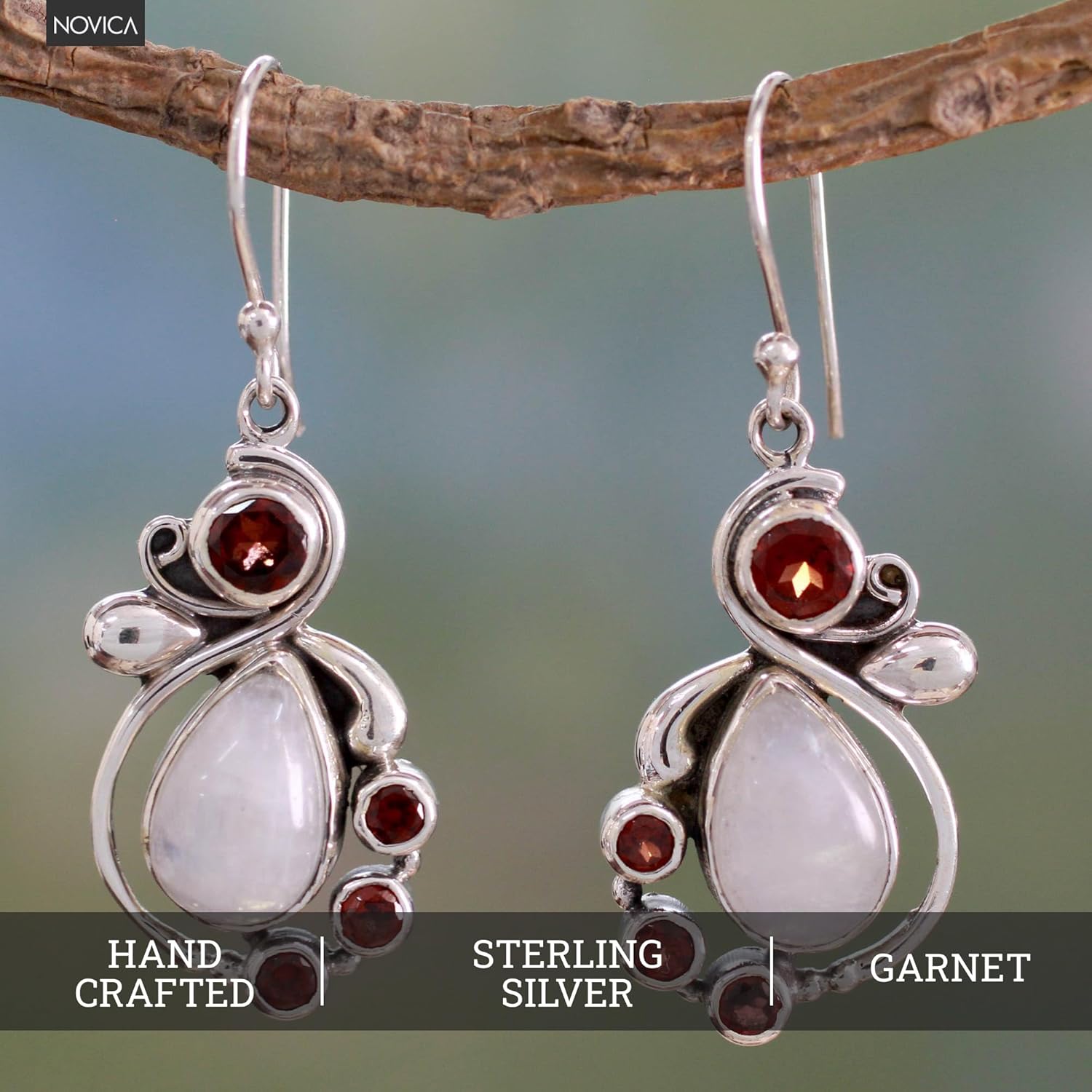 NOVICA Artisan Handmade Garnet Rainbow Moonstone Dangle Earrings with Sterling Silver Clear Red India Birthstone [1.7 in L x 0.4 in W] ' Exquisite' - Image 4