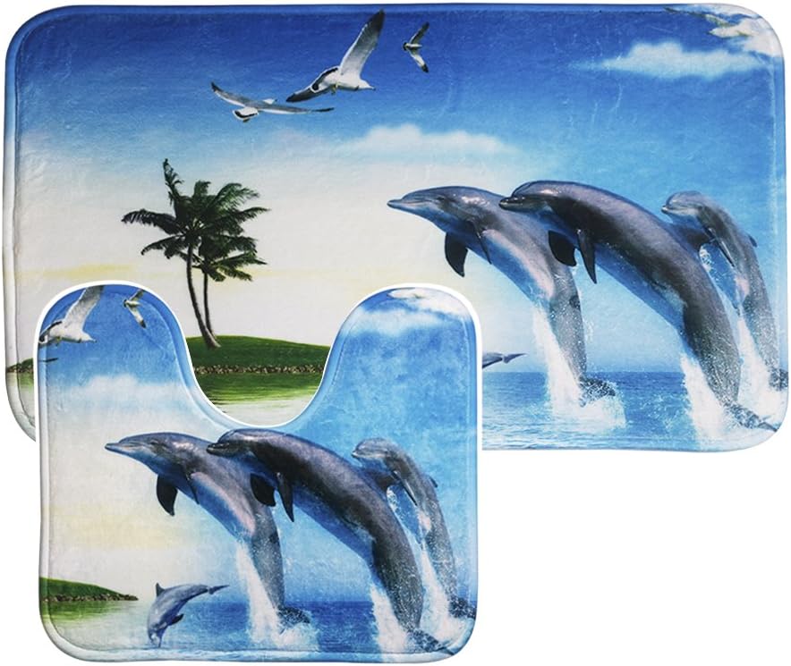 UOMERE Bathroom Mat Toilet Seat Covers Cushion Set Flannel Non Slip Sea Shells,2 PCS (Bathroom Carpet + Toilet (Dolphins)