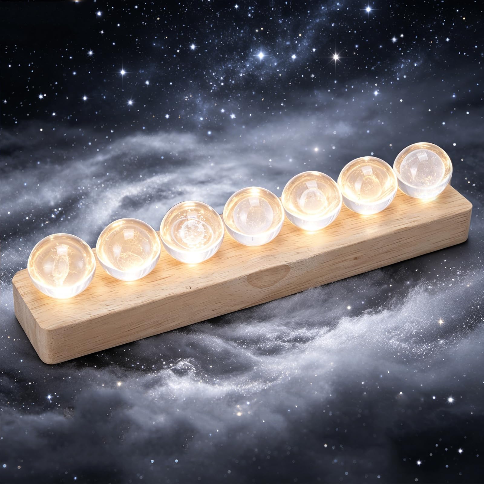 Crystal Ball Night Light, 7 Pcs 3D Laser Engraved Galaxy Crystal Balls, Wooden LED Base with USB Switch, Solar System Themed Decorative Lamp Perfect for Bedroom Living Room Meditation Yoga Relaxing