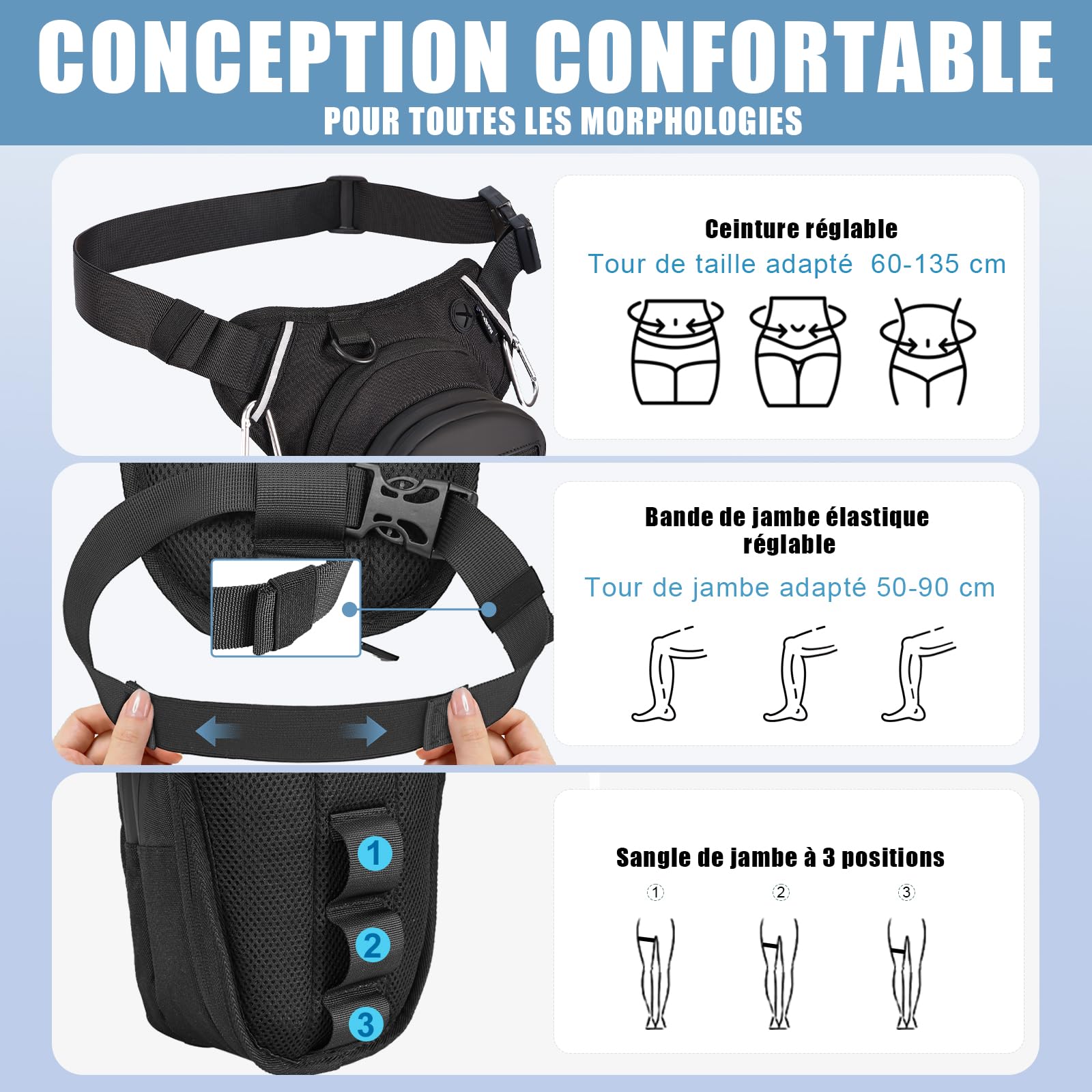 Eshow Sacoche de Jambe Moto Capacité Extensible, Sac Banane Femme Homme avec Bande Réfléchissante, 1 Clip à Gourde, 2 Mousquetons pour Randonnée Pêche