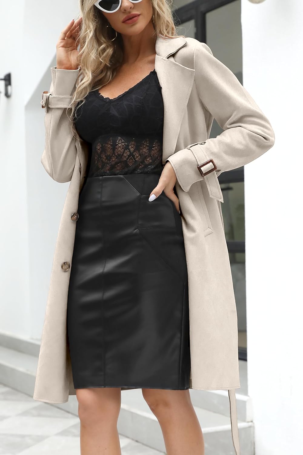 Bellivera Womens Faux Suede Leather Jacket Spring and Winter Fashion Long Trench Coat, Lightweight Windbreaker - Image 2