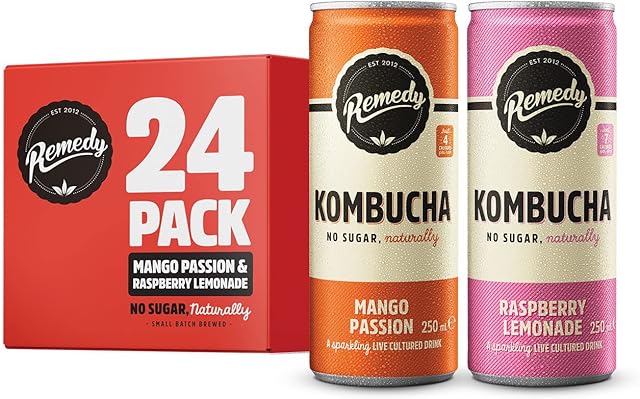 Remedy Raw Kombucha Tea - Sparkling Live Cultured Drink - Sugar Free Raspberry Lemonade & Mango Passion Twin Pack - 24 250ml Cans