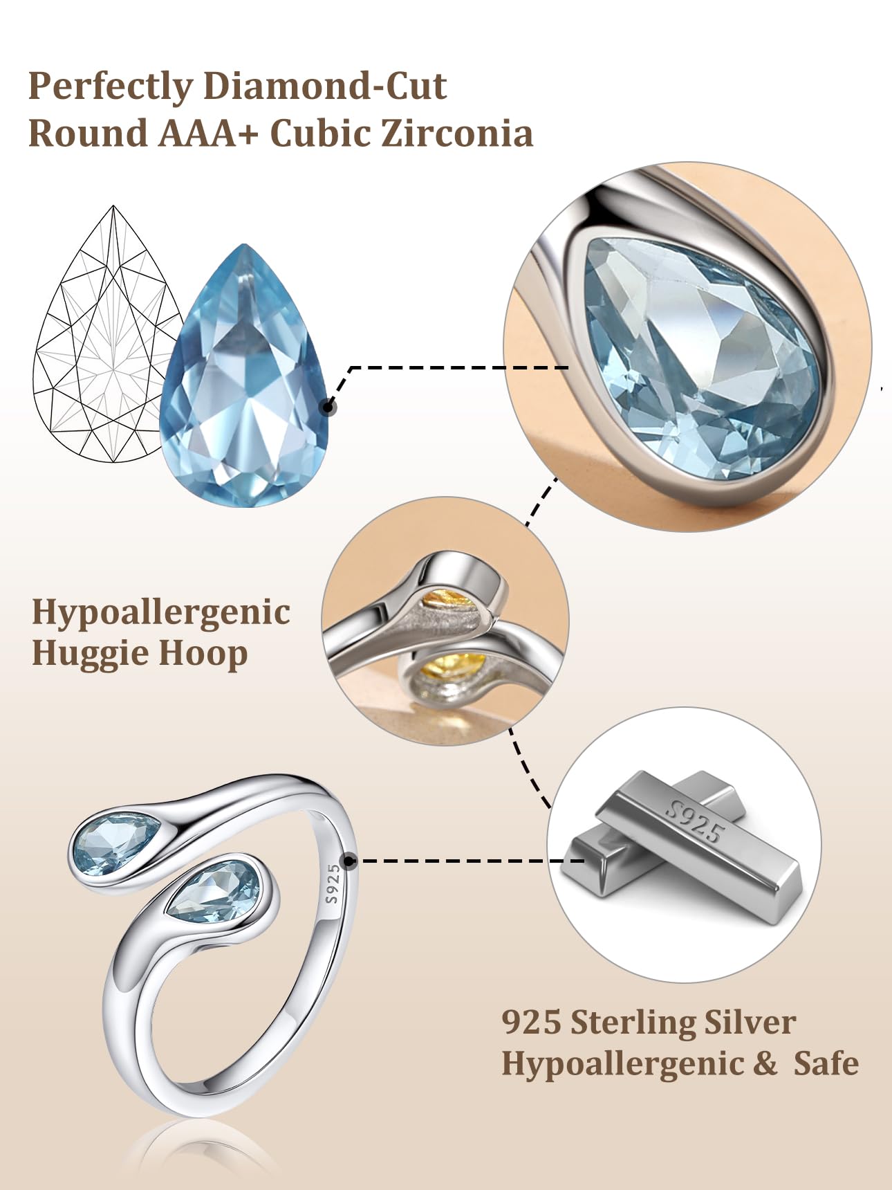 Bestyle Anillos Mujer Anillo Gotas de Agua Anillos Plata de Ley 925 Anillo Ajustable Abierto Anillo con Piedra Nacimiento Anillos de Compromiso Boda Alianzas