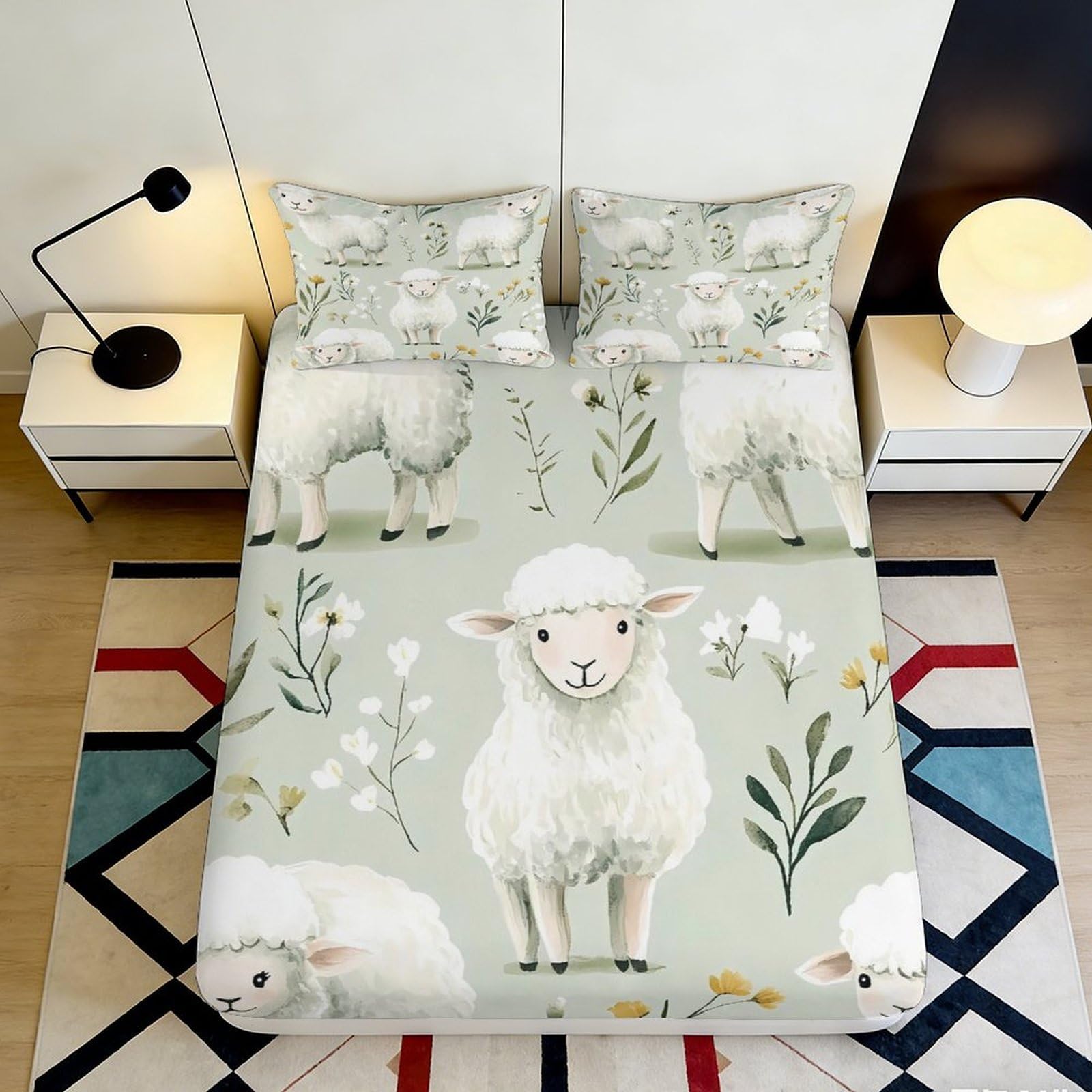 3D Printed Cute Sheep Fitted Sheet Microfiber Soft Pastel Lamb Bed Cover Anti-Slip Washable for Bedroom Guest Room Decor 90x200x25cm