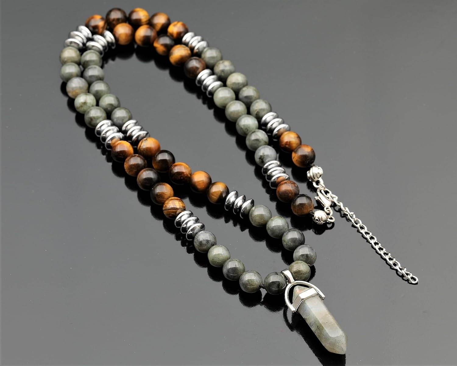 ElisaJewelryArt - Natural Labradorite Pointed Pendant Tiger Eye And Labradorite Stone Beaded Necklace Genuine Gemstone Spiritual Stone Clasp Closure Necklace Unisex Necklace - Image 9