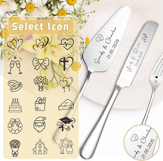 Personalised Wedding Cake Cutter Set Engraved Cake Knife with Names Icon Text for Weddings Birthday Anniversaries (Wedding Cake Knife)