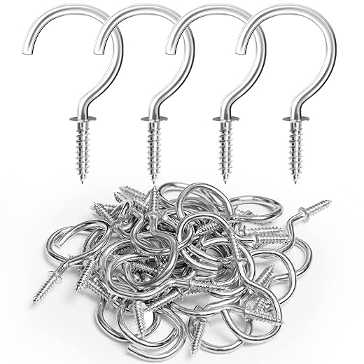 RELBRO 50 Pcs Screw Hooks, 1-1/4 Inch Silver Cup Hooks Screw in Mug Hooks Metal Heavy Duty Screw Wood Wall Ceiling Hooks Plant Hooks Indoor Outdoor for Utensils Plants Baskets Lights Wreaths