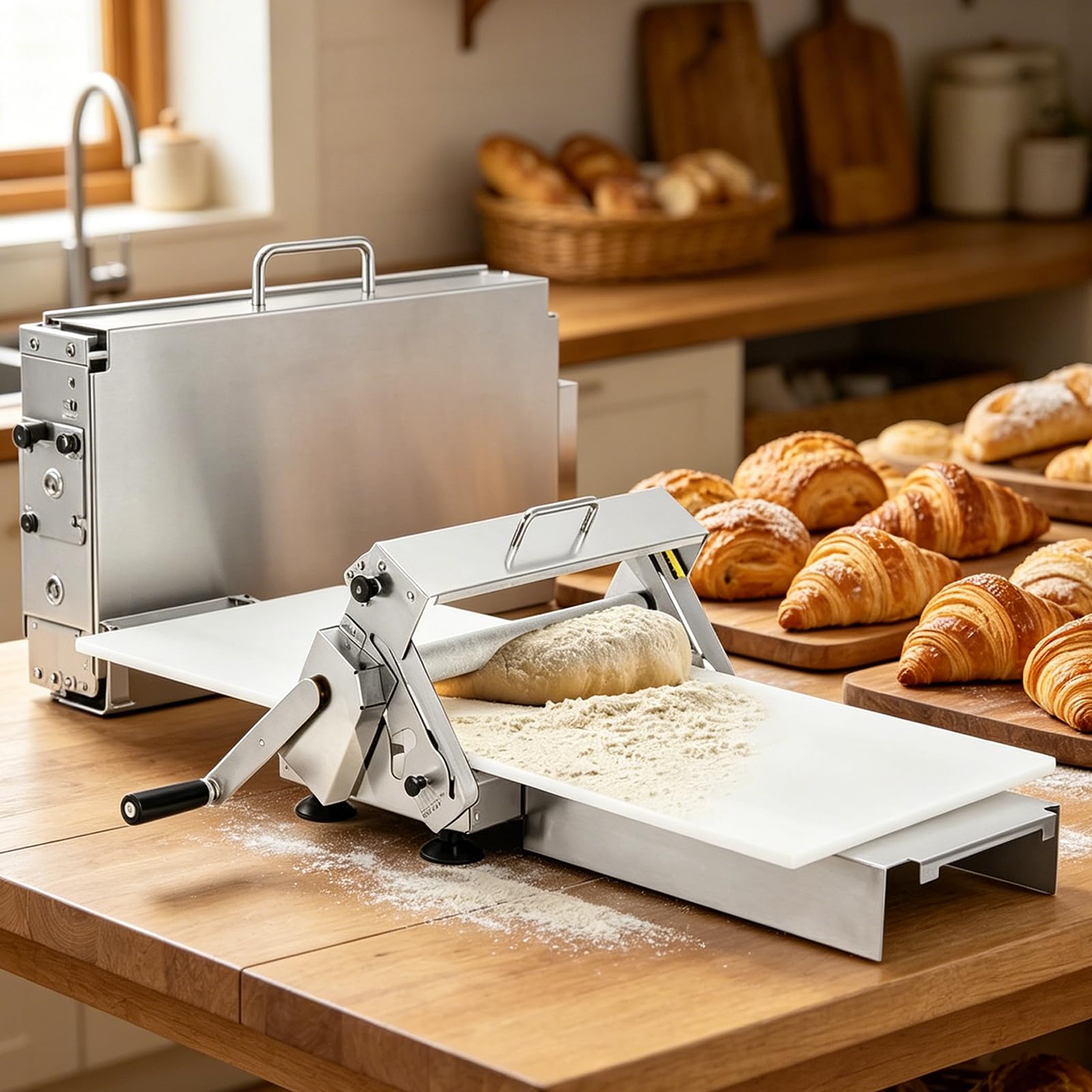 Mattarello a mano in acciaio inox con spessore regolabile 0,5 – 25 mm, per la produzione di pizza, croissant e pasta sfoglia, rotolo di pasta pieghevole, facile da pulire (tipo 300)