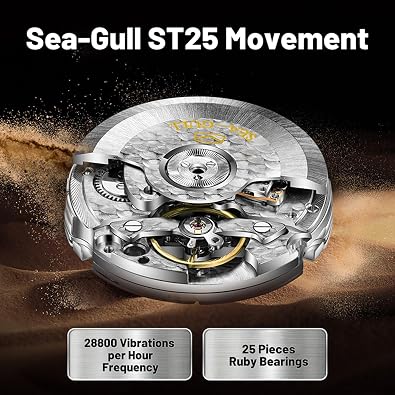 SEA-GULL Mens Mechanical Watches, Automatic Wristwatch for Men, Journey Series Military Watch, Seagull ST25,Luminous, 1072