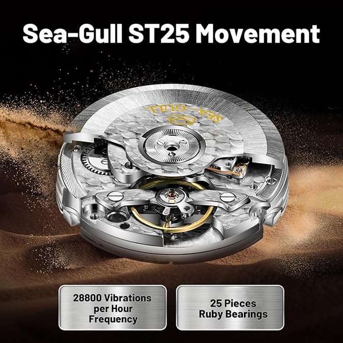 SEA-GULL Mens Mechanical Watches, Automatic Wristwatch for Men, Journey Series Military Watch, Seagull ST25,Luminous, 1072