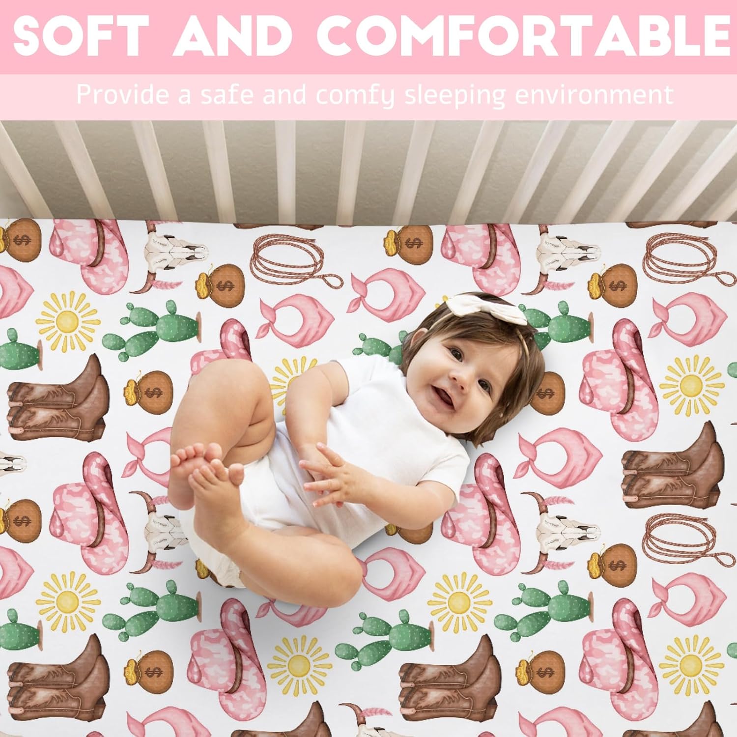 Pink Western Cowgirl Cowboy Fitted Baby Crib Sheet for Boy Girl 52"x28" Desert Cowboy Hat Boot Sun Cactus Soft Breathable Baby Crib Mattress Bed Sheet Fits Standard Crib and Toddler Mattress