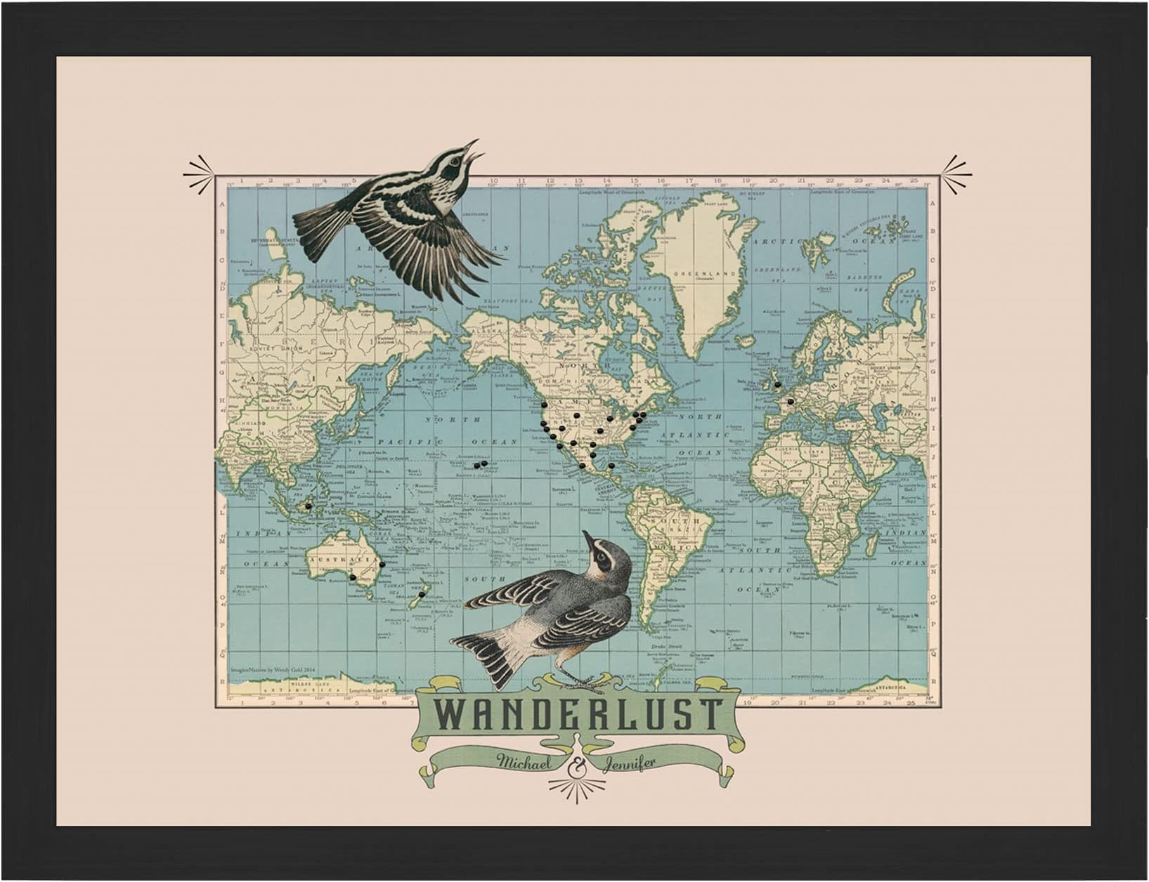 Wanderlust World Travel Bird Personalized Map With Pins | Wendy Gold