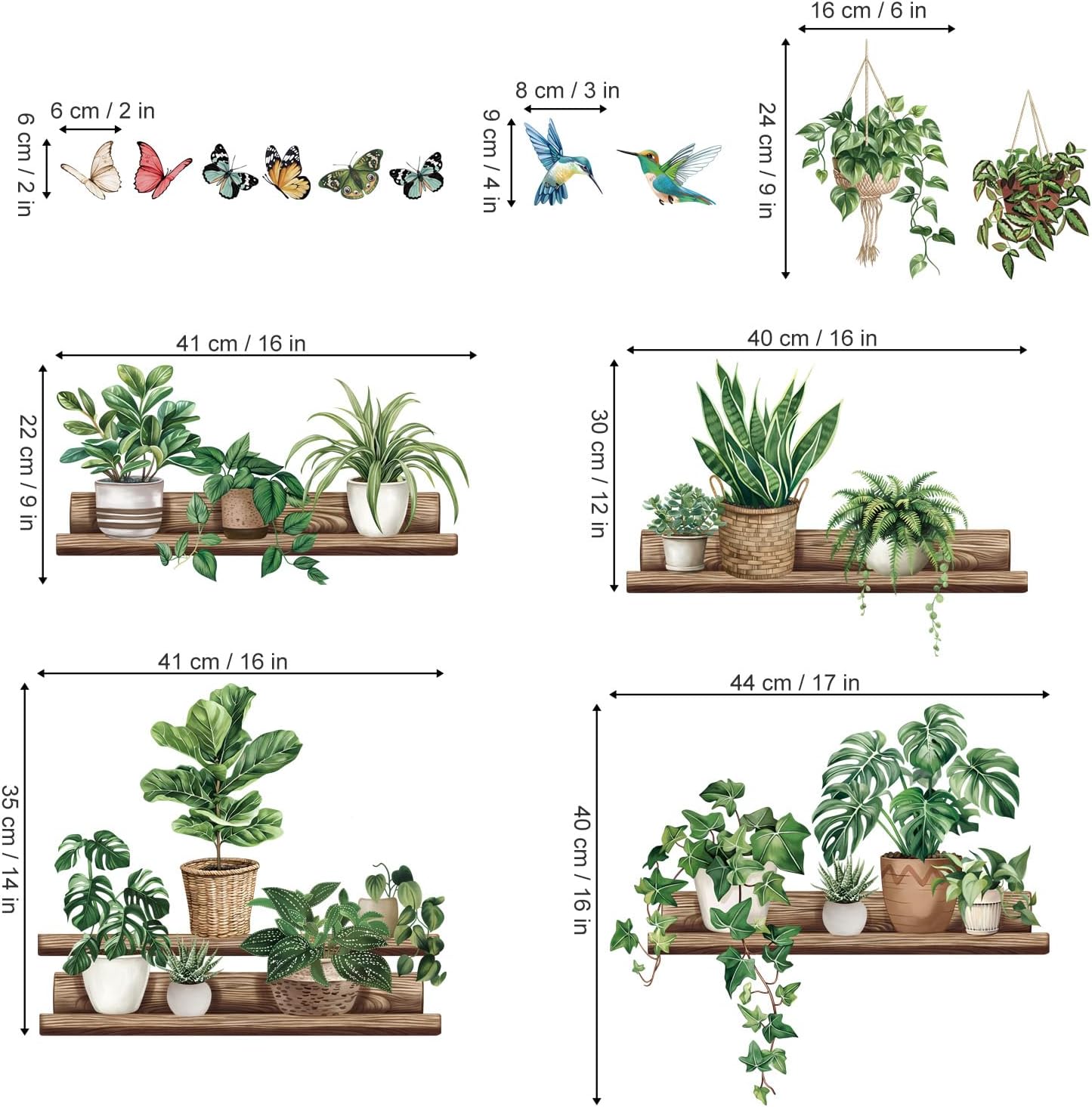wondever Green Pot Plants Wall Stickers Leaves Potted Plant Butterfly Bird Peel and Stick Wall Art Decals for Living Room Bedroom Tv Background Wall Decor