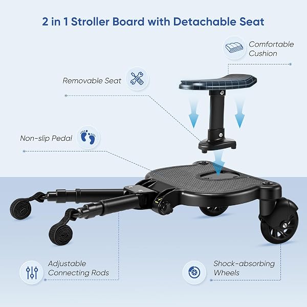 BugyKido Universal Buggy Board with Seat, Kiddy Board with Pram Organiser Bag, Pram Standing Board Compatible with Over 99% of Pushchairs, for Children from 2-6 Years, Load 25 KG(Black) - 3