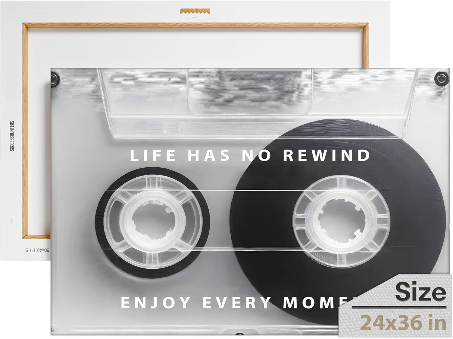 SuccessHunters Retro Cassette Wall Art Print, Life Has No Rewind Quote - Vintage Tape Decor, Music Lover Gift - Trendy Boho Home Sign, Inspiration Canvas (24" x 36" in)