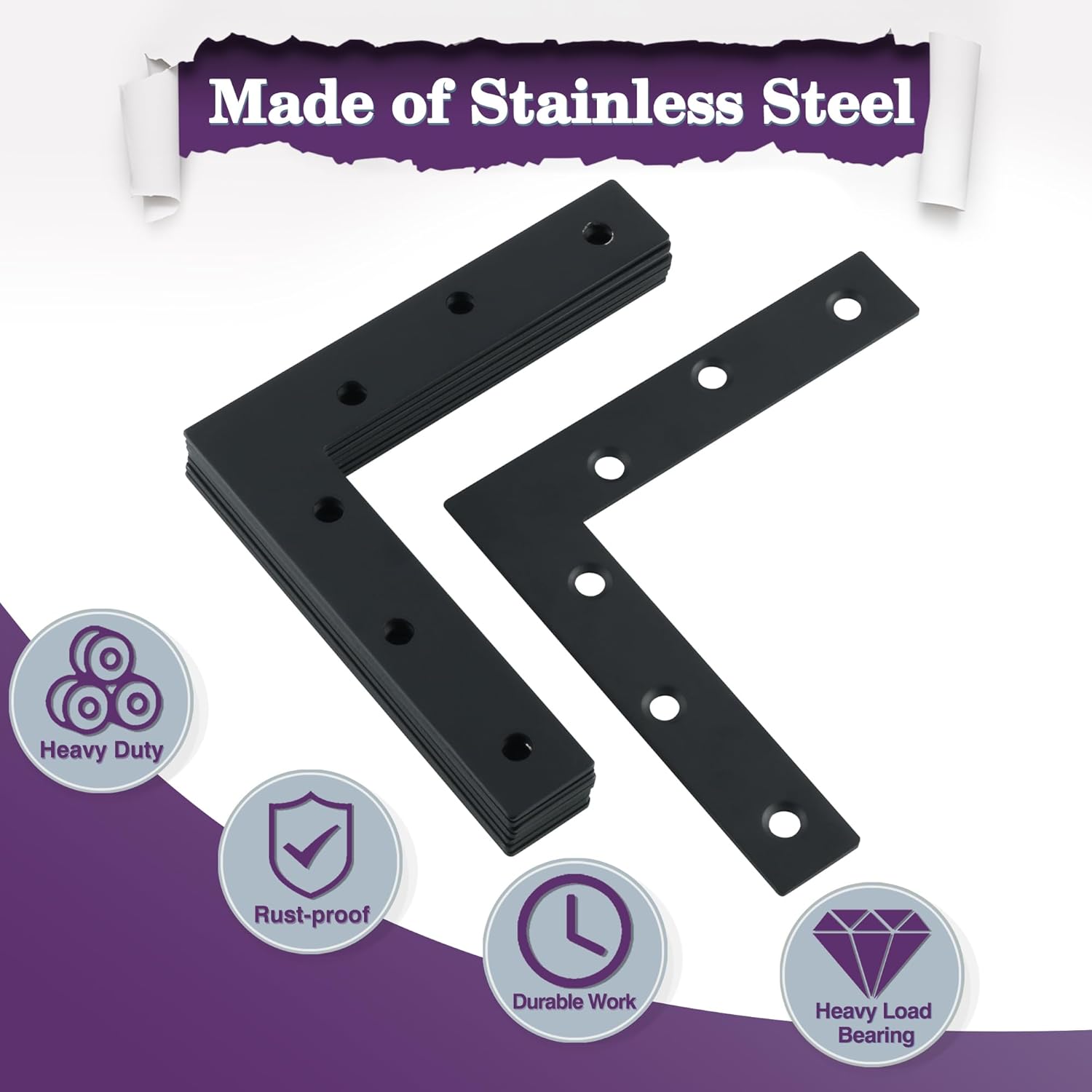Alise Flat L Brackets for Wood,Black Flat Corner Brace Corner Brackets for Wood Frame Tables Chairs Sofas Beds Cabinet Doors Windows,120x120mm Stainless Steel Mending Plates for Woods,Pack of 8