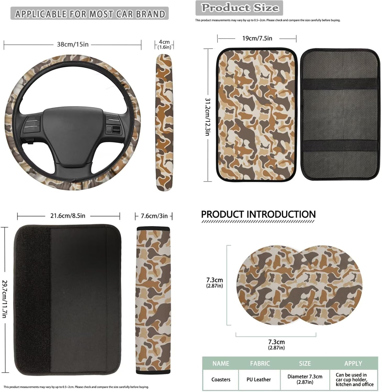 Bulopur Camo Hunting Duck Car Seat Covers Front and Rear with Steering Wheel Cover Elastic Center Console Cushion Anti-Slip Seat Belt Pads 14 Piece Vehicle Interior Decor Set​