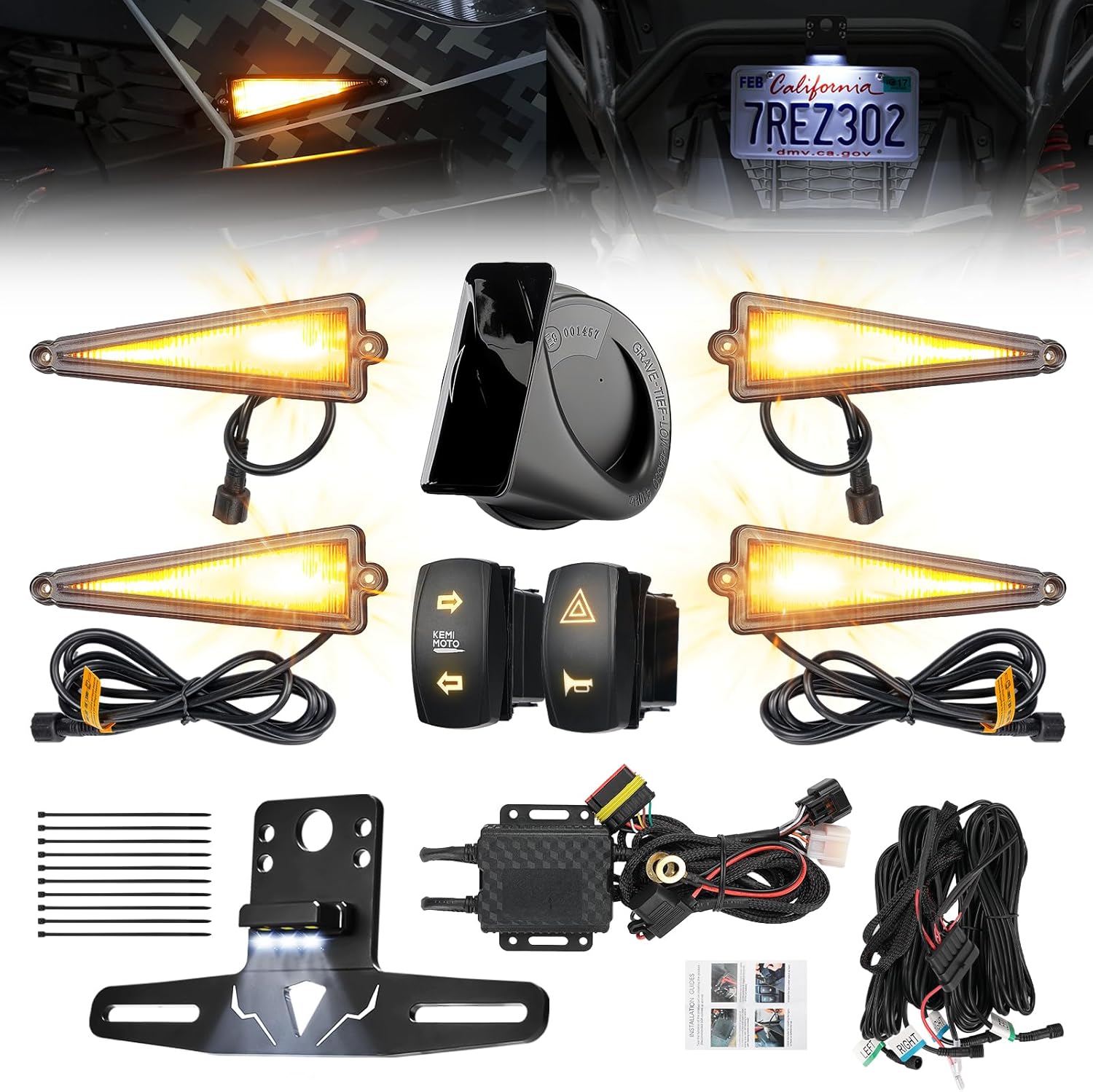 KEMIMOTO 4 Triangle UTV Turn Signal Light Kit with 110D Horn and License Plate Holder with Light, UTV ATV Blinker with Rocker Switch Compatible with Polaris, Can-Am, Teryx, CFMOTO