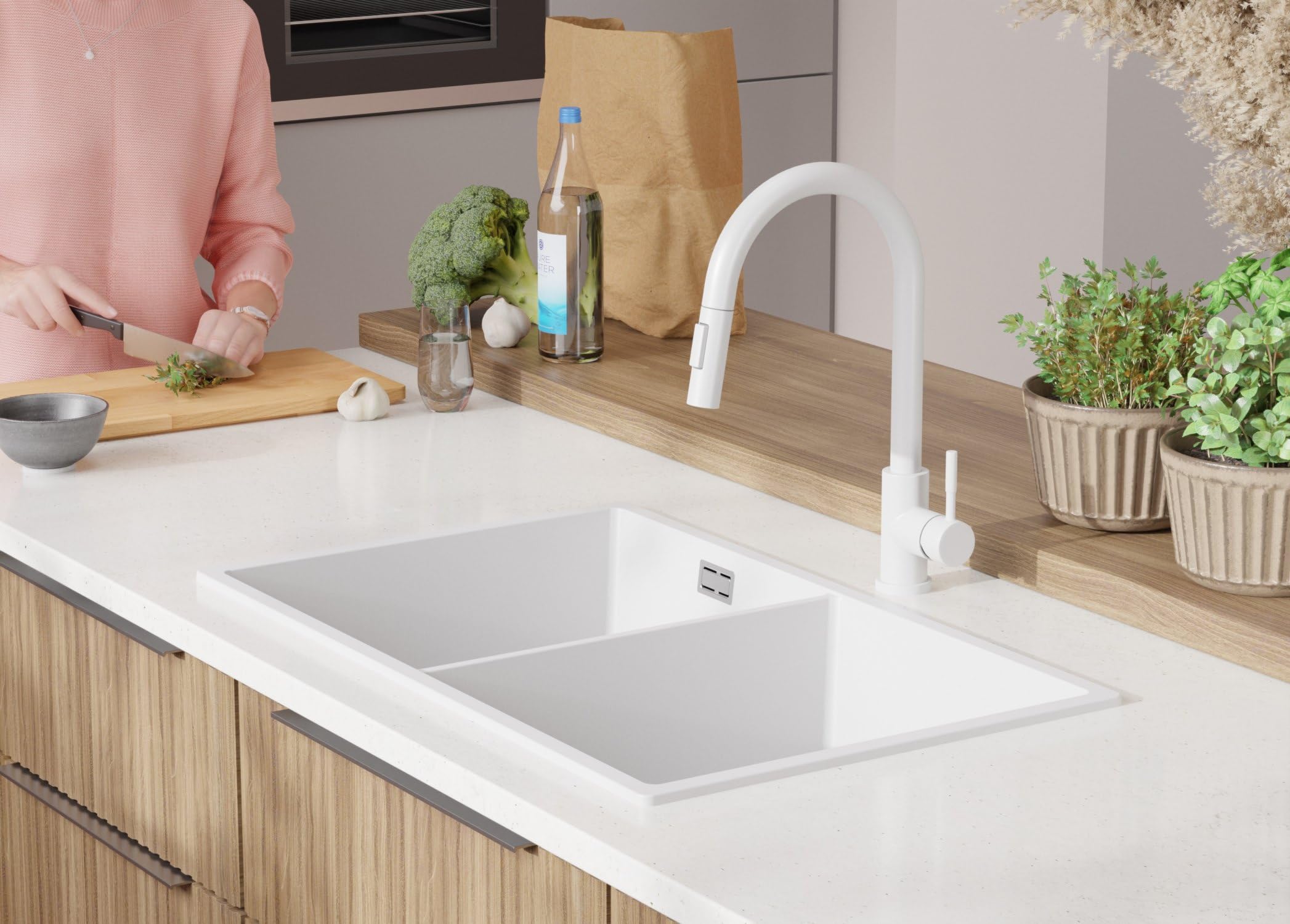 PRIMAGRAN Fregadero Cocina Blanco - London Twin Slim, 76x47cm | Granito 2 Senos + Set de accesorios, sobre Encimera al Mueble 80cm (S036)