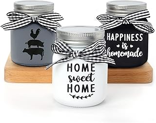 Farmhouse Mini Mason Jar Decorations for Tiered Tray Small Storage Jar with Lids for Home Kitchen Shelf Rustic Black White Farm Animal Home Sweet Happiness Homemade Housewarming Birthday Gift Set of 3