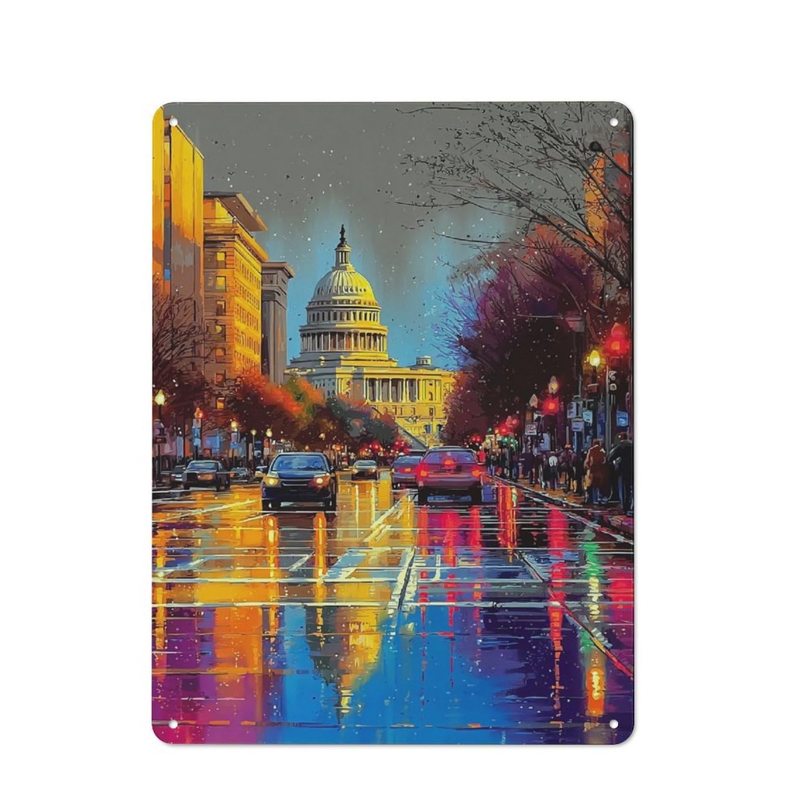 Junmoney Rainy Cityscape With Capitol Building -1 Metal Wall Sign 40X30cm Featuring For Garage Wall, A Housewarming Gift For People Furnishing A Garage