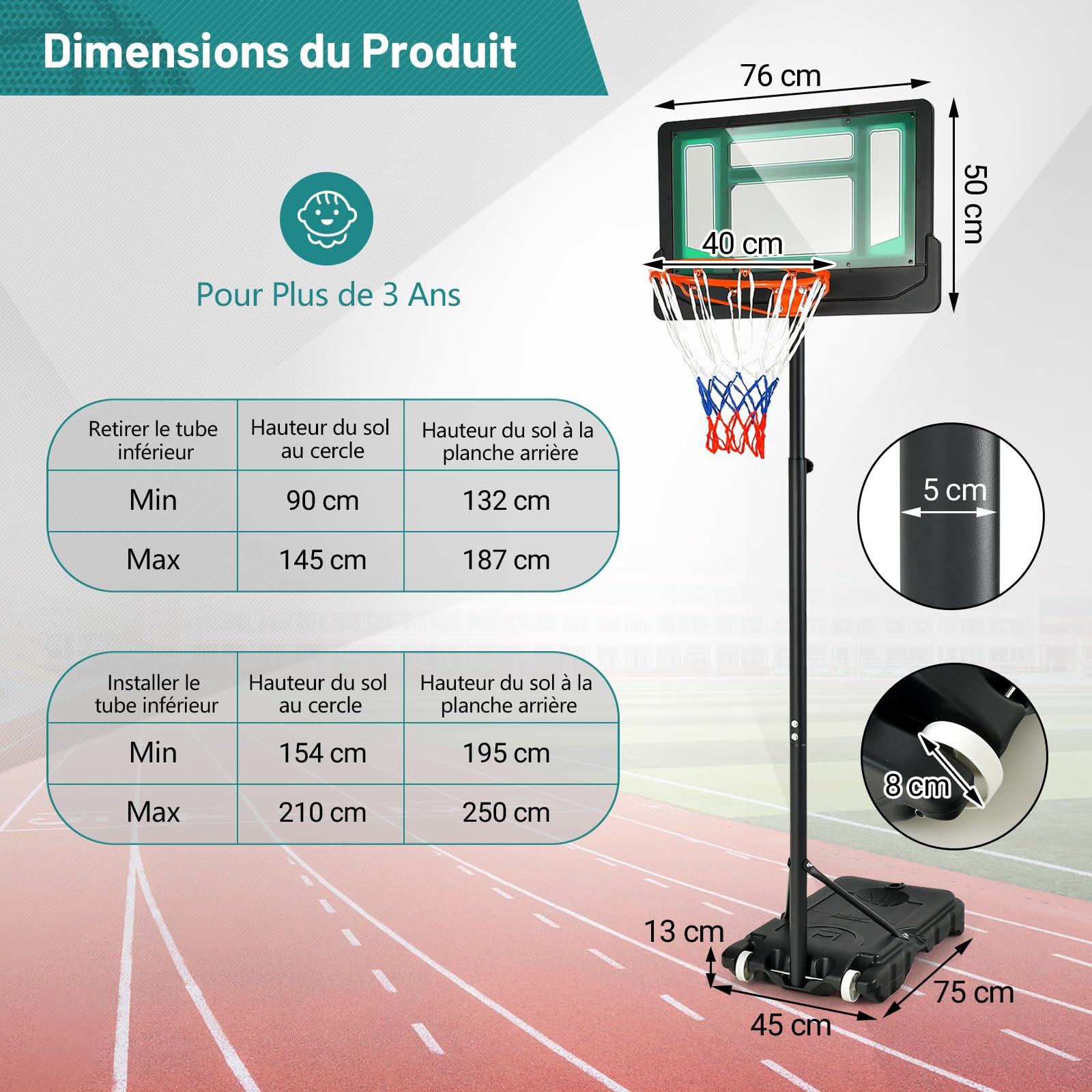 COSTWAY Panier de Basketball sur Pieds avec Hauteur Réglable 90-210 CM, Support de Basket à roulettes avec Base Remplissable Panneau en PE, pour Adultes ou Enfants 3 Ans+