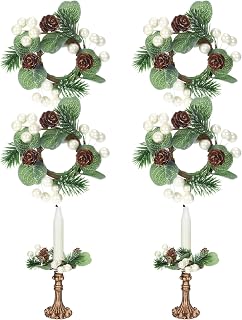 LemonRoad 4 Pieces 3.15in Christmas Candle Ring Wreath for Taper Candles, Pine Branch with Pearl Lamb's Ear Garland, Candle Rings for Taper Candles, Table Decoration, Winter Home Decor