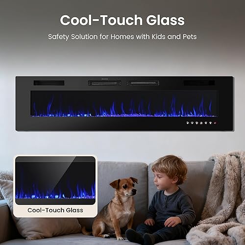 Miniatura 7 de PHI VILLA Chimenea eléctrica de 72 pulgadas montada en la pared y empotrada, calentador eléctrico de 3.19 pulgadas con control remoto y pantalla